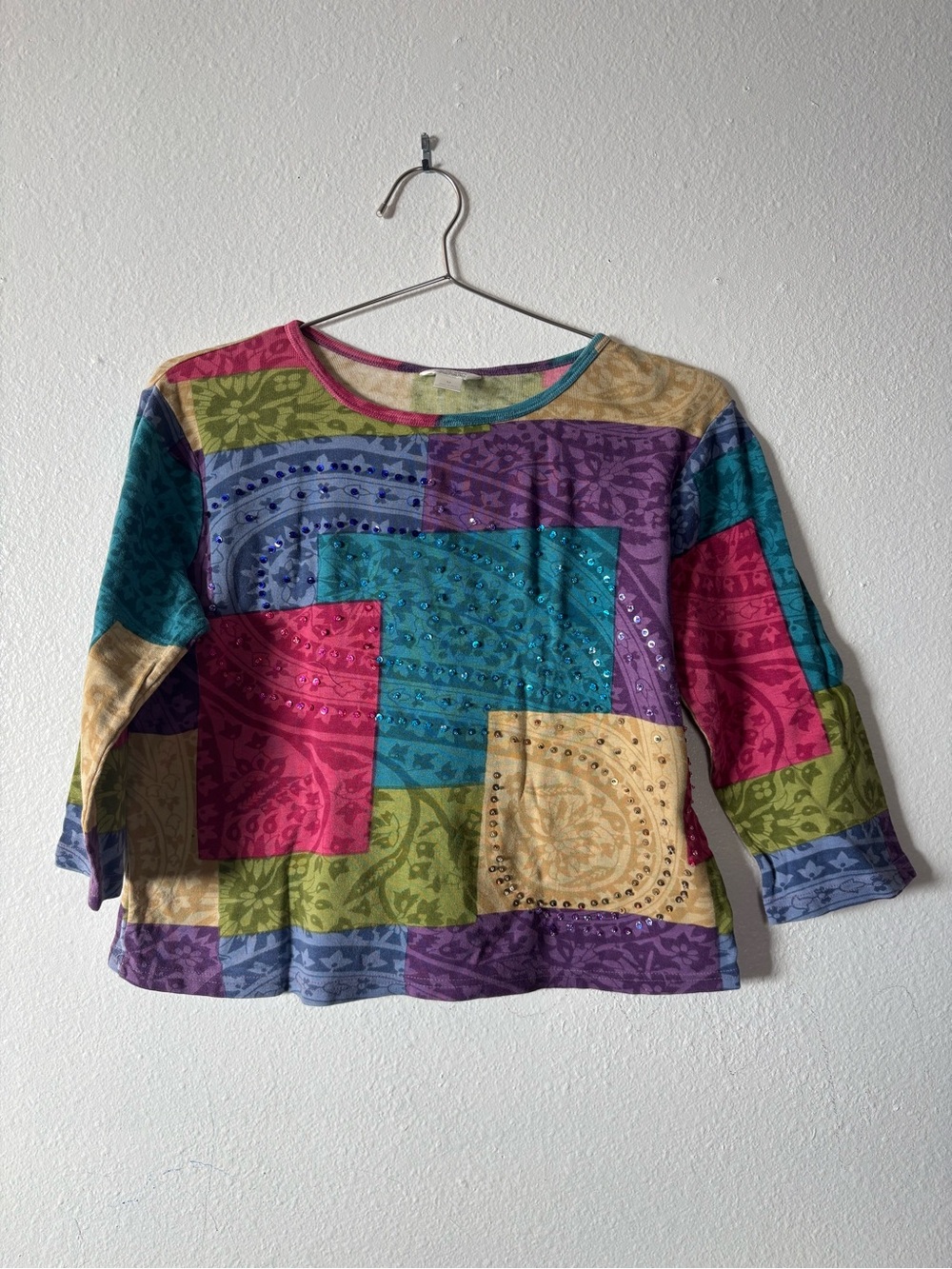 Vintage Y2K Christopher Banks Patchwork Sequin Top M Whimsigoth Boho Artsy